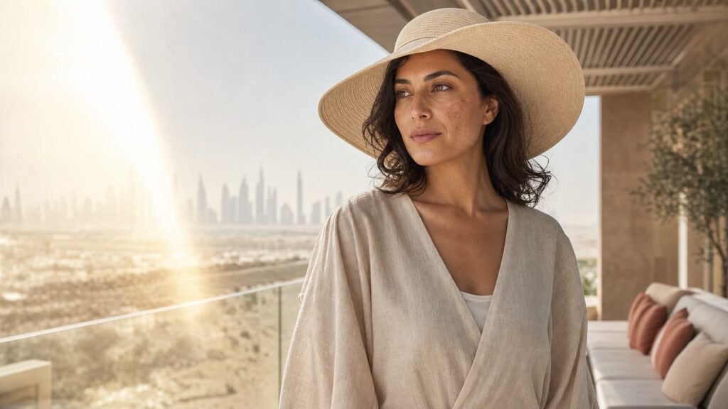 Woman protecting melasma-prone skin from heat and sun exposure during Dubai summer