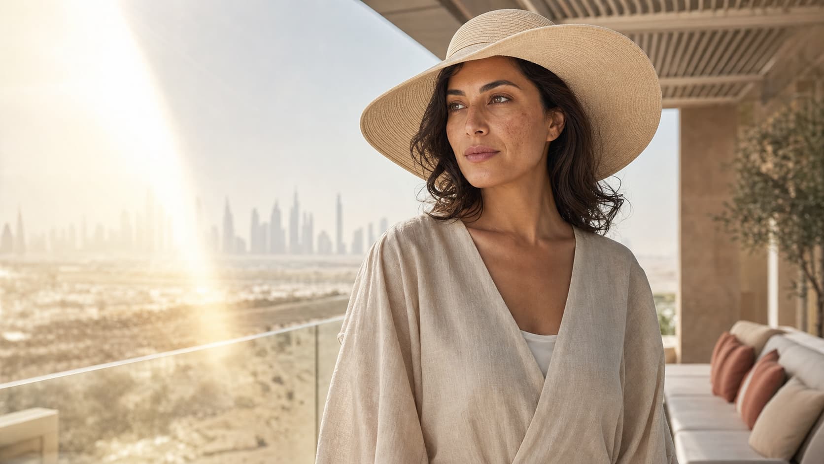 Woman protecting melasma-prone skin from heat and sun exposure during Dubai summer