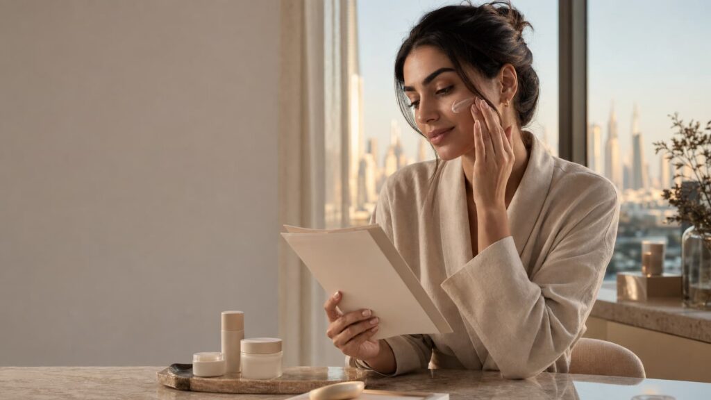 Woman following a six-week Dubai event skin prep routine