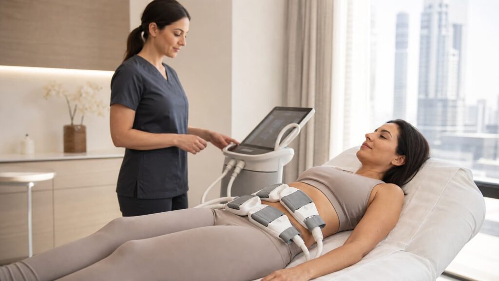 Woman receiving EvolveX body contouring in a modern Dubai aesthetic clinic