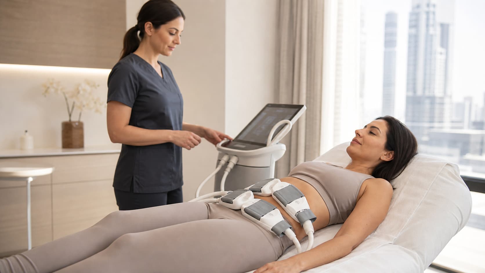 Woman receiving EvolveX body contouring in a modern Dubai aesthetic clinic
