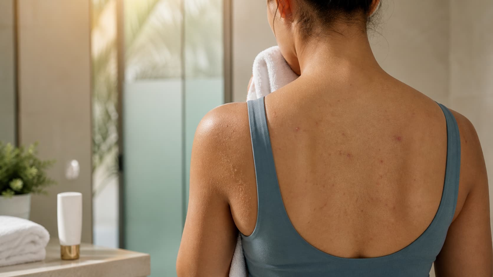 Woman drying off after exercise with mild upper-back acne in Dubai